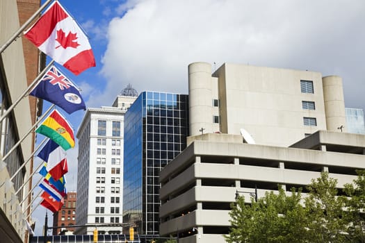 National flags in downtown of Grand Rapids, Michigan.