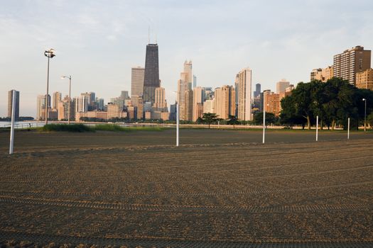 Volleyball fields on the beach after morning cleaning.