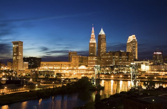 Night in downtown Cleveland, Ohio.