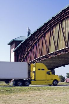 Semi in under the landmark of Nebrasca