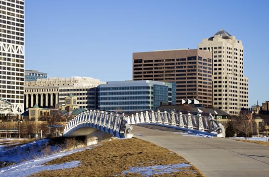 Bridge to Milwaukee, Wisconsin. Winter morning.