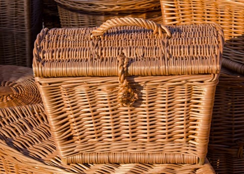 Lots of handmade wooden wicker basket with lid and handle.