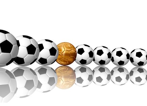 3d soccer balls with reflection and golden ball in the middle