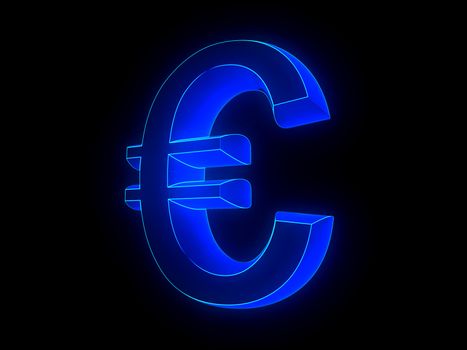 3d blue glowing euro sign over black