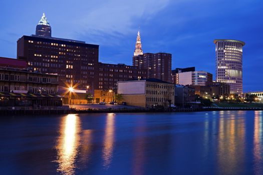 Evening by the river in downtown Cleveland, Ohio.
