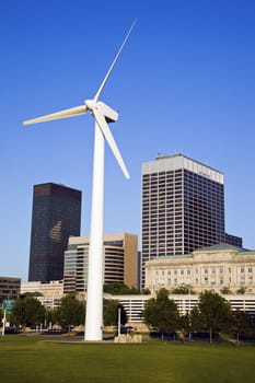 Wind turbine in downtown Cleveland, Ohio.
