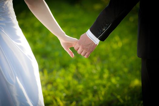 Young married couple holding hands, ceremony wedding day