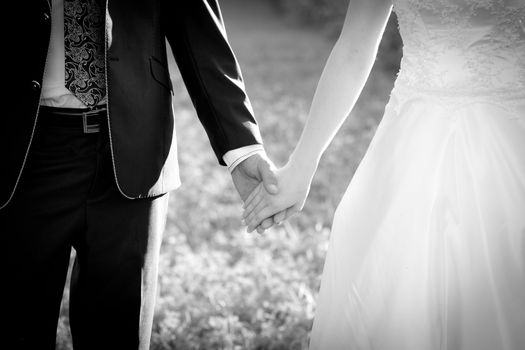 Young married couple holding hands, ceremony wedding day