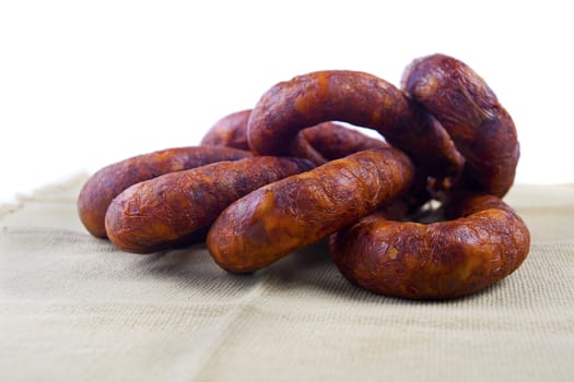 Close up view of some traditional Portuguese chorizo on a table