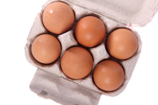 Detail view of a card box with six hen eggs isolated on a white background.