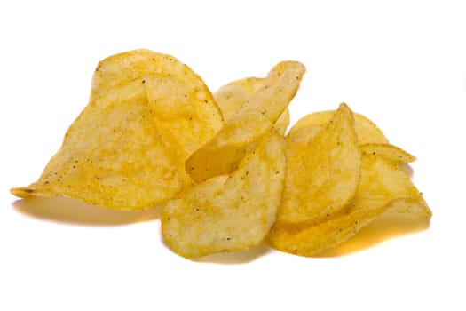 Close view of a bunch of  potato chips isolated on a white background.