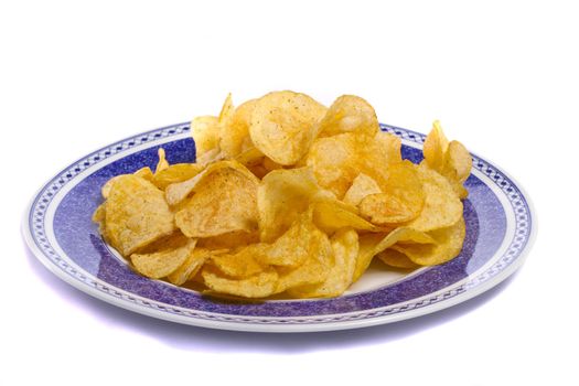 Close view of a bunch of  potato chips isolated on a white background.