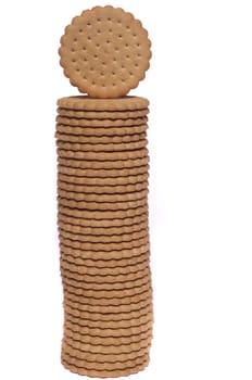 View of a tower of biscuits isolated on a white background.