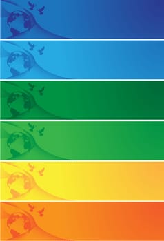 set of colored banners with globes and birds