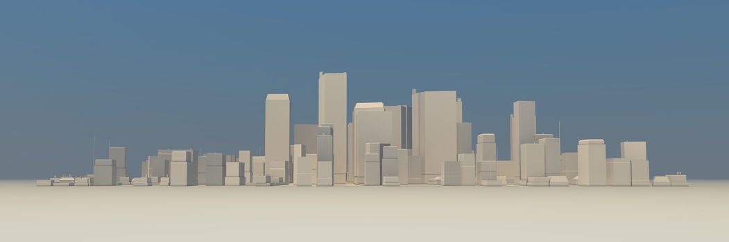 wide 3D cityscape model at daytime with a blue sky in the background and a bit foggy atmosphere - buildings are casting no shadows