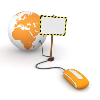 orange computer mouse is connected to a orange globe - surfing and browsing is blocked by a white rectangular sign that cuts the cable - empty template with yellow and black warning stripes
