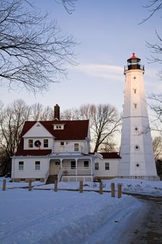 Last rays of sun on North Point Lighthouse in Milwaukee