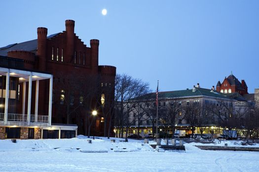 University of Madison buildings seen from frozen Lake Mendota.