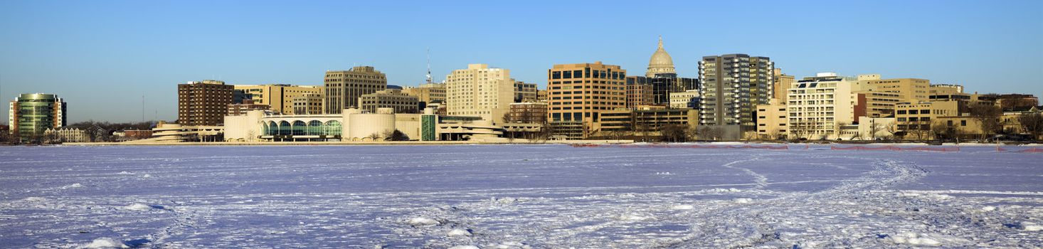 Panoramic morning - Madison, Wisconsin. Seen from frozen Lake Monona.