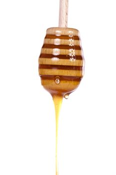 Close up view of honey dipper with honey dripping isolated on a white background.