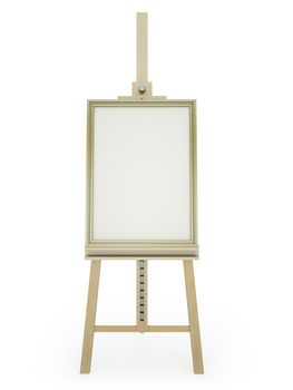 Wooden easel with blank framed picture on white background. 3D render.