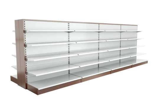 Row of supermarket shelves. 3D render.