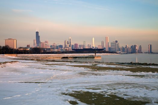 Sunrise from snowy beach - Chicago, Illinois.