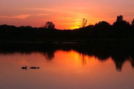 Sunset over Bauman Park Lake in Cherry Valley, Illinois.