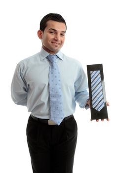 Smiling man holding a product or merchandise (or other object of your choice)