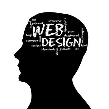Silhouette head with the word Web Design on white background.