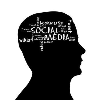 Silhouette head with social media cloud on white background.