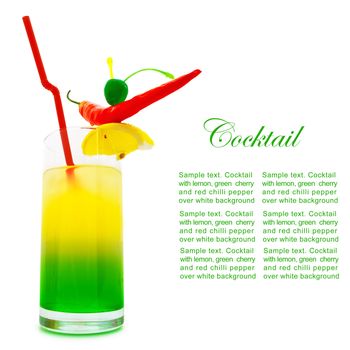 multicolored coctail with chilli pepper, lemon and cherry against white background 