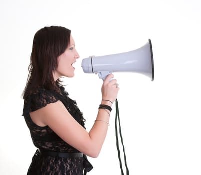 young woman with a megaphone or bullhorn isolated on white