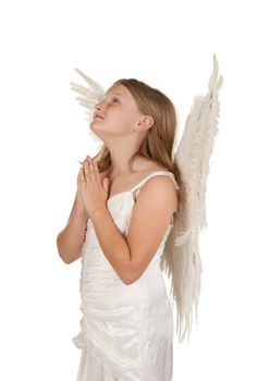 young angel girl praying isolated on white background