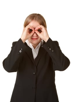 young business woman with hands like binoculars isolated white