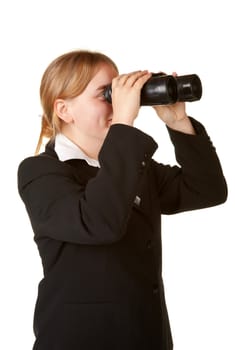 young business woman with binoculars isolated white background