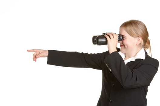 young business woman with binoculars and pointing