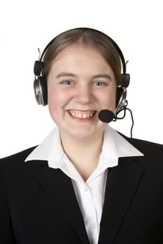 pretty young business girl with headset isolated on white