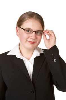 young business woman adjusting glasses isolated white background