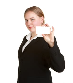 young business woman holding card isolated white background