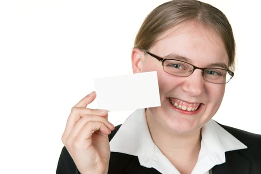 young business woman holds up a blank businesscard