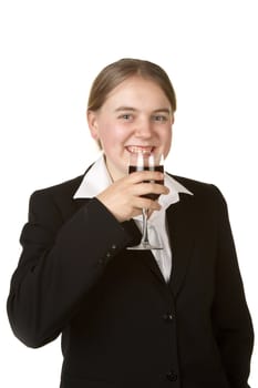 young business woman with a glass of red wine isolated on white background