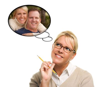 Beautiful Woman with Thought Bubbles of Herself and A Guy Isolated on a White Background.