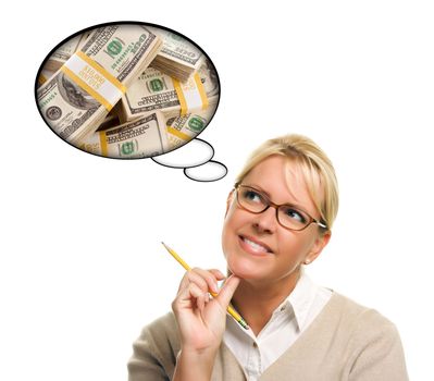 Woman with Thought Bubbles of a Stack of Money Isolated on a White Background.