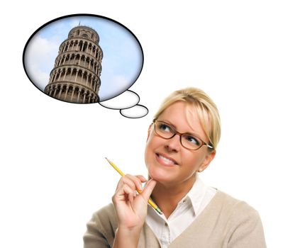 Woman with Thought Bubbles of Travelling to Europe Isolated on a White Background.