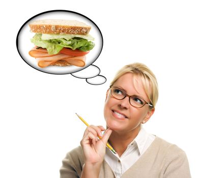 Hungry Woman with Thought Bubbles of Big, Fresh Sandwich Isolated on a White Background.