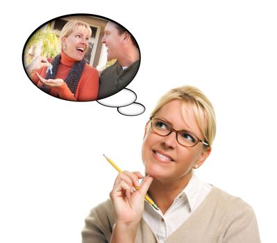 Woman with Thought Bubbles of Herself and Her Husband Getting The Keys to a New Home Isolated on a White Background.