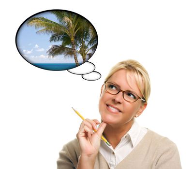 Beautiful Woman with Thought Bubbles of a Tropical Place Isolated on a White Background.