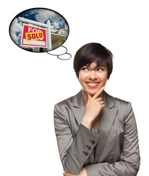 Beautiful Multiethnic Woman with Thought Bubbles of a Sold Real Estate Sign to a New Home Isolated on a White Background.