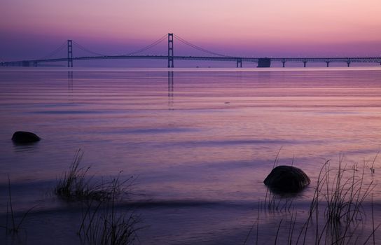 Mackinac Bridge in Michigan, sunset time.